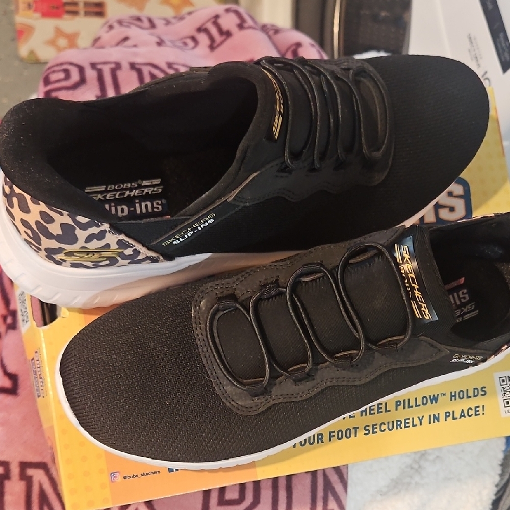 Skechers Black and Leopard Slip-On Shoes